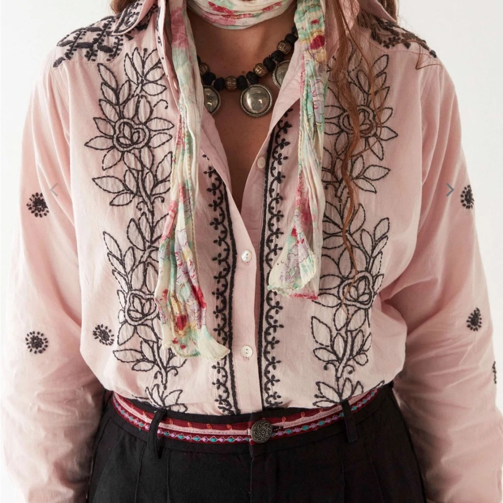 Maison Hôtel Pink Embroidered Button Down Shirt with Notched Collar